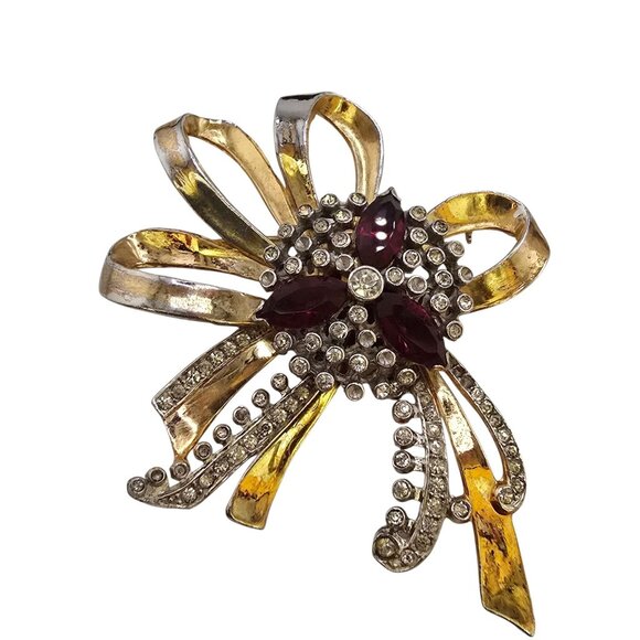 Antique 40s Gold Plated Cast Rhinestone Bow Brooch (A8900) - Picture 4 of 7